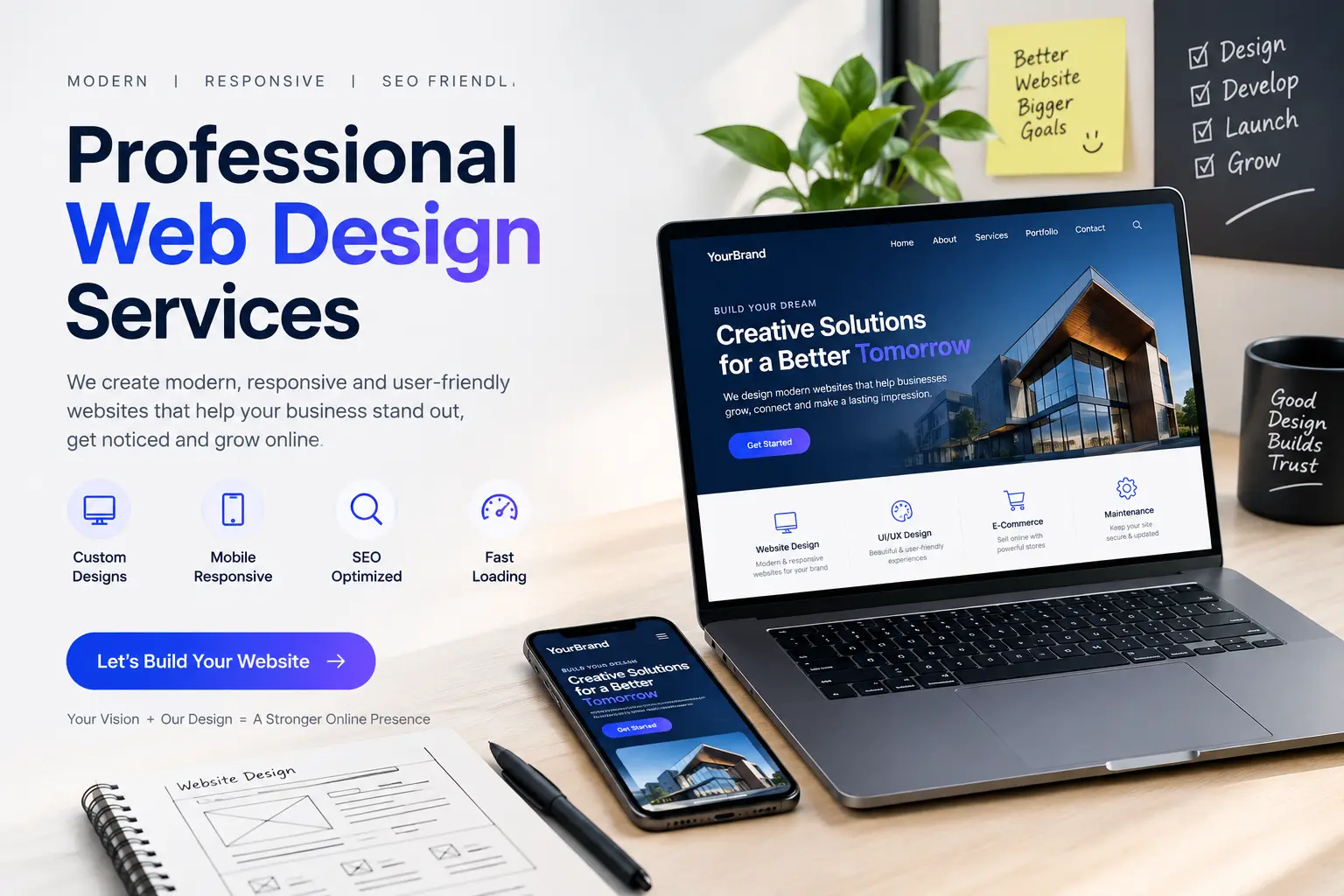 **Alt text:** Professional web design services banner featuring a laptop and smartphone displaying a modern responsive website, with text highlighting custom design, mobile responsiveness, SEO optimization, fast loading, UI/UX design, e-commerce, and website maintenance.